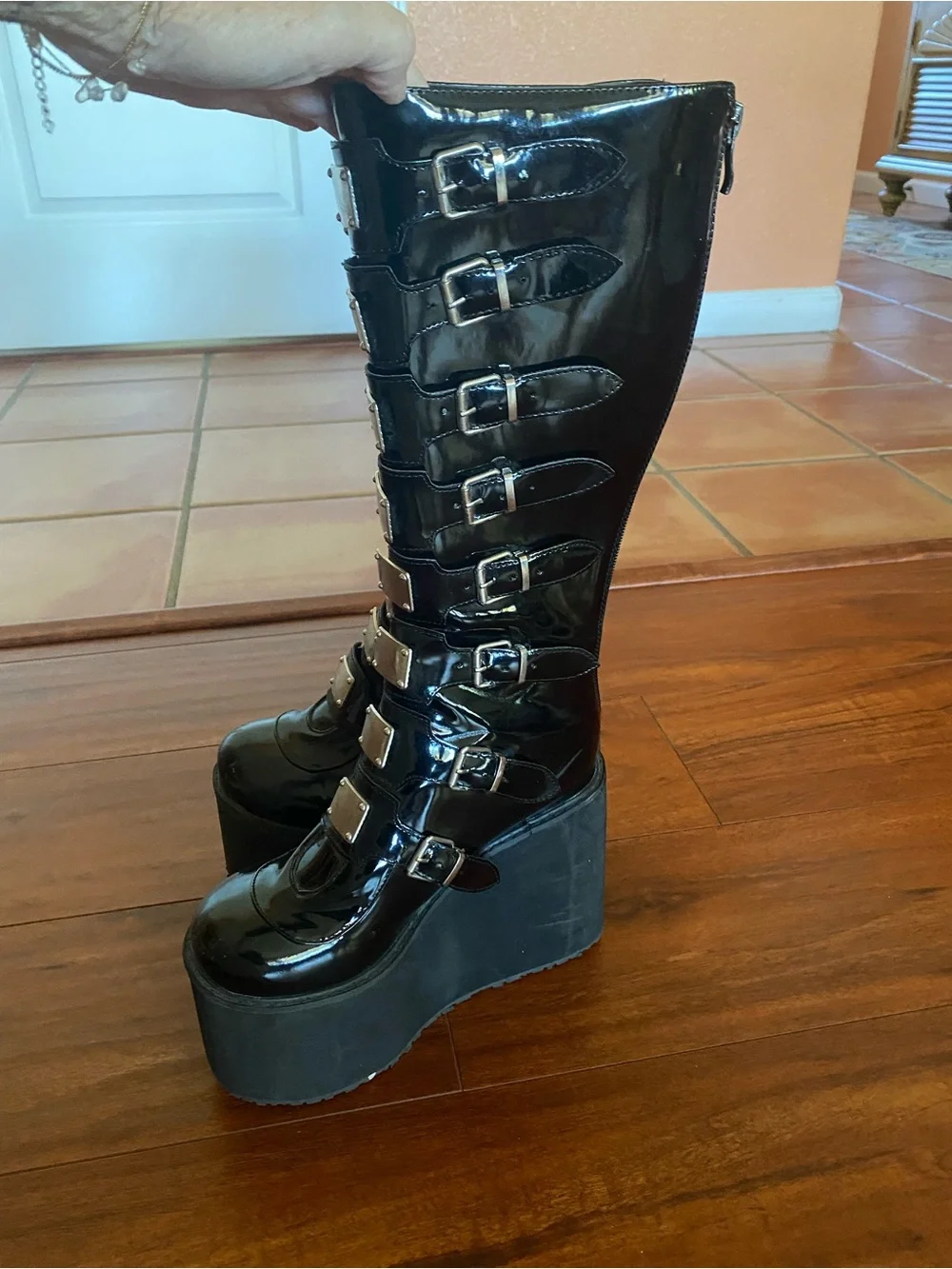 DOLLS KILL Demonia Black Patent Knee Buckle Platform Boots